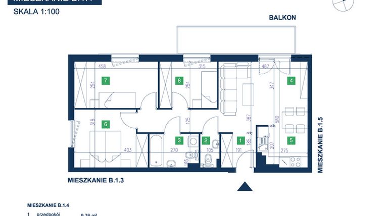 Rzut - Mieszkanie na sprzedaż 4 pokoje o powierzchni 69,62 m² - numer B.1.4 w EcoVista