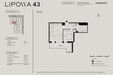 Rzut - Mieszkanie na sprzedaż 2 pokoje o powierzchni 40,73 m² - numer M.2.1 w Lipowa 43
