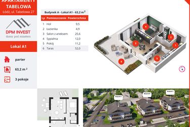 Rzut - Mieszkanie na sprzedaż 3 pokoje o powierzchni 63,2 m² - numer A1 w Apartamenty Tabelowa
