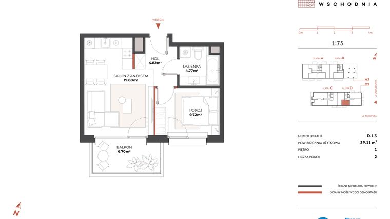 Rzut - Mieszkanie na sprzedaż 2 pokoje o powierzchni 39,11 m² - numer D.1.3 w Drucianka Wschodnia