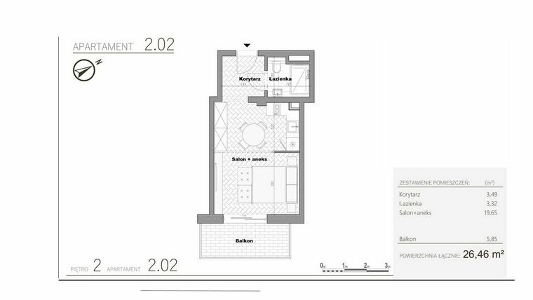 Rzut - Mieszkanie na sprzedaż 1 pokój o powierzchni 26,46 m² - numer 3.2 w Villa Książąt Pomorskich