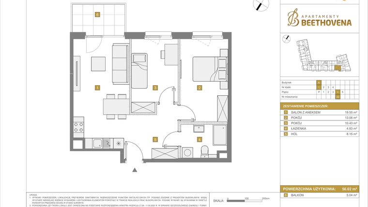 Rzut - Mieszkanie na sprzedaż 3 pokoje o powierzchni 56,02 m² - numer A22 w Apartamenty Beethovena