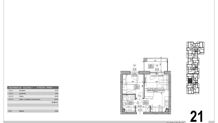 Rzut - Mieszkanie na sprzedaż 2 pokoje o powierzchni 31,06 m² - numer A.9.M.21 w Sobola Biel A9