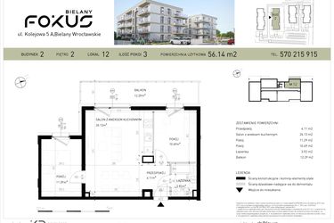 Rzut - Mieszkanie na sprzedaż 3 pokoje o powierzchni 56,14 m² - numer B2-12 w Fokus Bielany