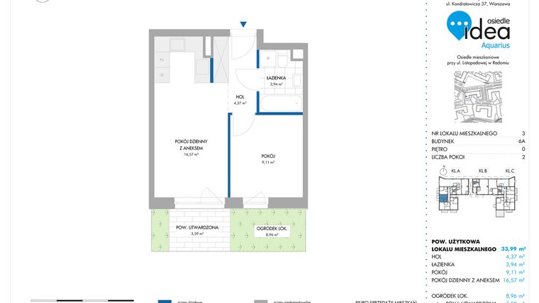 Rzut - Mieszkanie na sprzedaż 2 pokoje o powierzchni 33,99 m² - numer 6A/3 w Osiedle Idea Aquarius