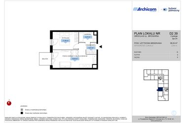 Rzut - Mieszkanie na sprzedaż 2 pokoje o powierzchni 38,24 m² - numer D2.39 w Bulwar Północny
