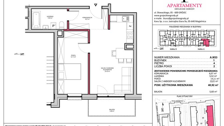 Rzut - Mieszkanie na sprzedaż 2 pokoje o powierzchni 48,92 m² - numer A.33 w Apartamenty Grójeckie Ogrody