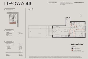 Rzut - Mieszkanie na sprzedaż 3 pokoje o powierzchni 75,07 m² - numer M.1.7 w Lipowa 43