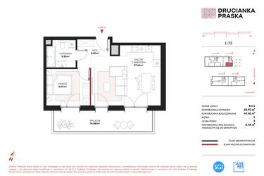 Rzut - Mieszkanie na sprzedaż 2 pokoje o powierzchni 48,92 m² - numer B.1.1 w Drucianka Praska