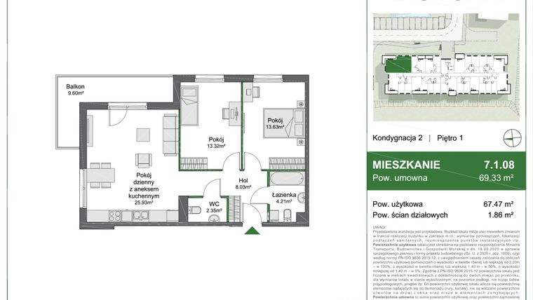 Rzut - Mieszkanie na sprzedaż 3 pokoje o powierzchni 69,37 m² - numer 7.1.08 w Biotura