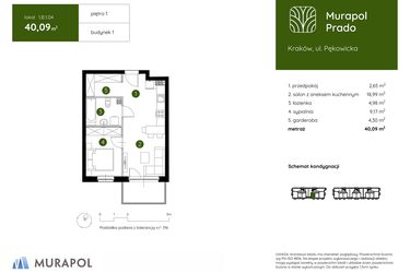 Rzut - Mieszkanie na sprzedaż 2 pokoje o powierzchni 40,09 m² - numer 1.B.1.04 w Murapol Prado
