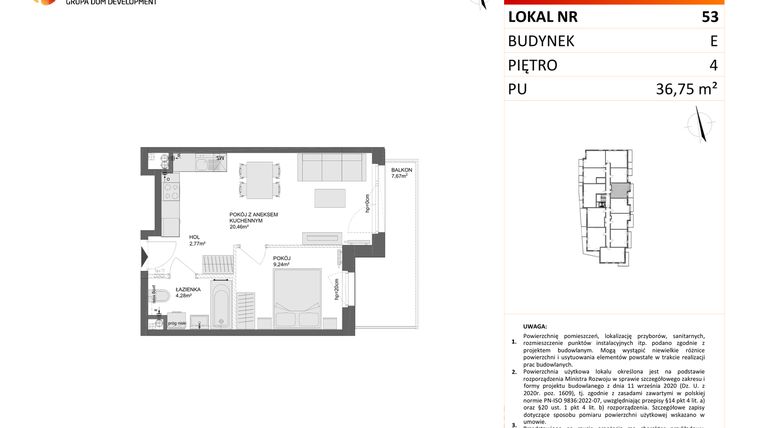Rzut - Mieszkanie na sprzedaż 2 pokoje o powierzchni 36,75 m² - numer E.53 w Osiedle Synteza etap IV