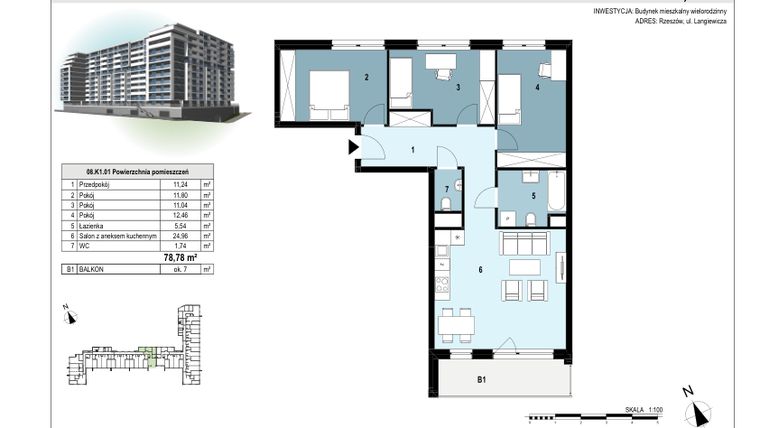 Rzut - Mieszkanie na sprzedaż 4 pokoje o powierzchni 78,76 m² - numer 78 w Langiewicza 37