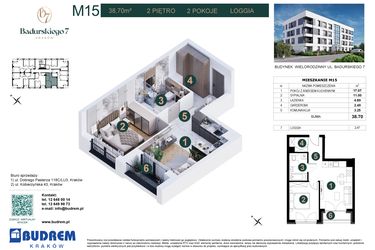 Rzut - Mieszkanie na sprzedaż 2 pokoje o powierzchni 38,7 m² - numer 15 w Badurskiego 7
