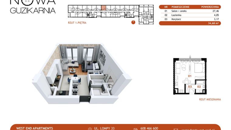 Rzut - Mieszkanie na sprzedaż 1 pokój o powierzchni 35,05 m² - numer B1.1.57 w Nowa Guzikarnia