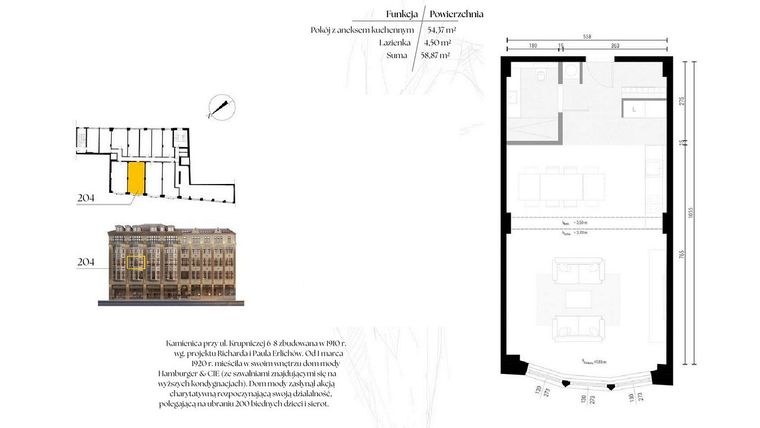 Rzut - Mieszkanie na sprzedaż 1 pokój o powierzchni 58,87 m² - numer G2/4 – 204 w Krupnicza 6/8