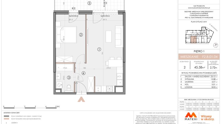 Rzut - Mieszkanie na sprzedaż 2 pokoje o powierzchni 45,31 m² - numer F2.B.01.04 w Bukowińska Mokotów etap 2
