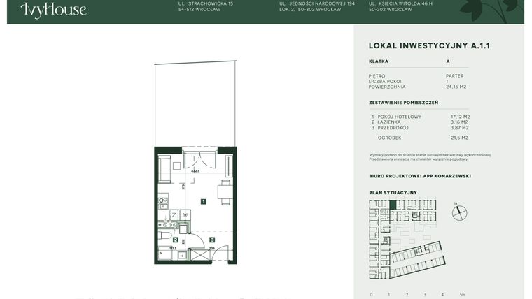 Rzut - Mieszkanie na sprzedaż 1 pokój o powierzchni 24,15 m² - numer A.1.1 w IVY HOUSE - Apartamenty inwestycyjne