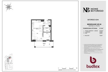 Rzut - Mieszkanie na sprzedaż 2 pokoje o powierzchni 27,13 m² - numer B60 w Nowe Batorego 2