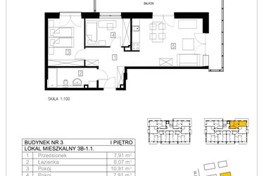 Rzut - Mieszkanie na sprzedaż 3 pokoje o powierzchni 54,38 m² - numer 3B-1.1 w Gardenia Pogodno