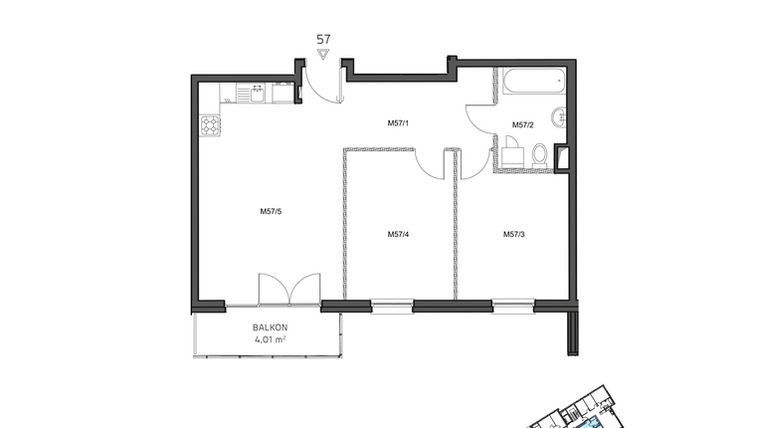 Rzut - Mieszkanie na sprzedaż 3 pokoje o powierzchni 61,09 m² - numer 57 w Wzgórze Krzemionki II
