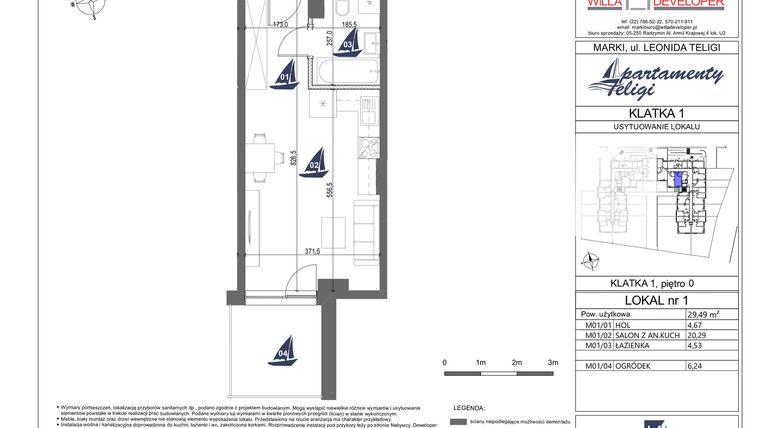 Rzut - Mieszkanie na sprzedaż 1 pokój o powierzchni 29,49 m² - numer 1 w Apartamenty Teligi