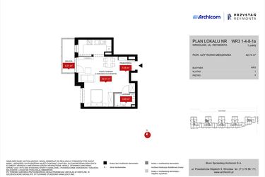 Rzut - Mieszkanie na sprzedaż 1 pokój o powierzchni 42,74 m² - numer WR3 1/4/8/1a w Przystań Reymonta etap II