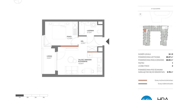 Rzut - Mieszkanie na sprzedaż 2 pokoje o powierzchni 40,05 m² - numer H.1.9 w Łopuszańska 47 - etap 3