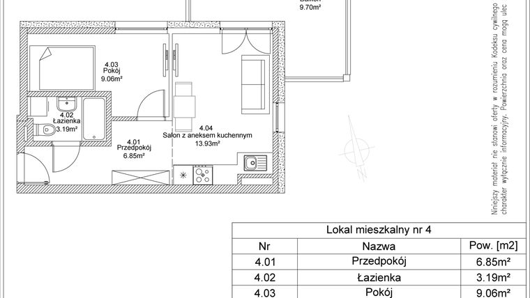 Rzut - Mieszkanie na sprzedaż 2 pokoje o powierzchni 33,03 m² - numer 4 w Apartamenty Jasińskiego