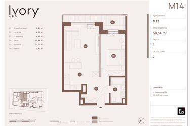 Rzut - Mieszkanie na sprzedaż 2 pokoje o powierzchni 50,54 m² - numer M14 w Ivory