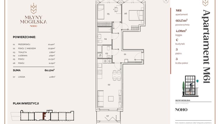 Rzut - Mieszkanie na sprzedaż 3 pokoje o powierzchni 60,17 m² - numer C.61 w Młyny Mogilska