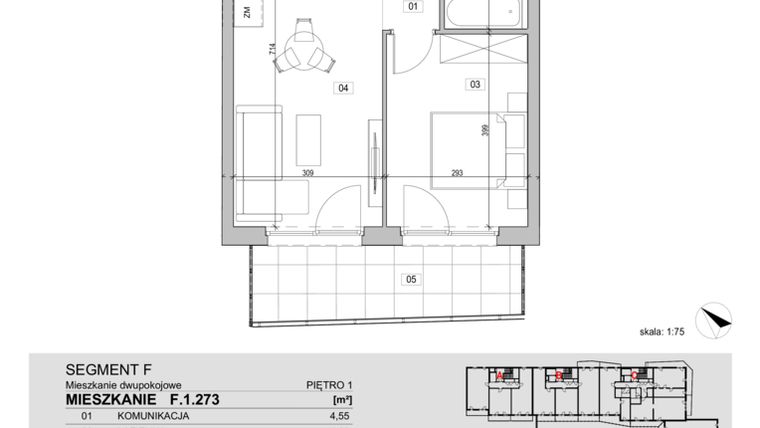 Rzut - Mieszkanie na sprzedaż 2 pokoje o powierzchni 41,11 m² - numer F.1.273 w ATAL Unii Lubelskiej