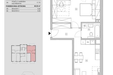 Rzut - Mieszkanie na sprzedaż 2 pokoje o powierzchni 44,35 m² - numer 84.3.09 w ATAL Bronowice