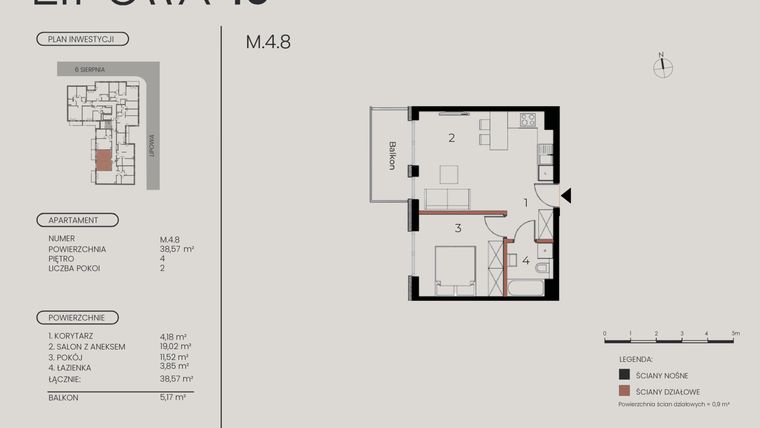 Rzut - Mieszkanie na sprzedaż 2 pokoje o powierzchni 38,57 m² - numer M.4.8 w Lipowa 43