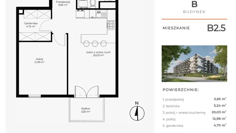Rzut - Mieszkanie na sprzedaż 2 pokoje o powierzchni 48,65 m² - numer B2.5 w Enklawa Bukowa II