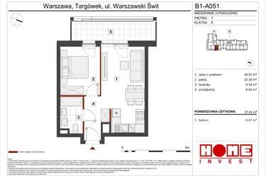 Rzut - Mieszkanie na sprzedaż 2 pokoje o powierzchni 37,41 m² - numer B1-A051 w Warszawski Świt etap VIII