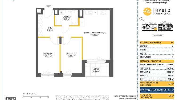 Rzut - Mieszkanie na sprzedaż 3 pokoje o powierzchni 53,68 m² - numer A/14 w Impuls Marywilska