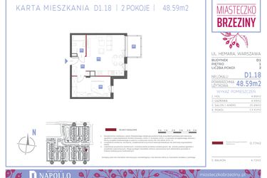 Rzut - Mieszkanie na sprzedaż 2 pokoje o powierzchni 48,59 m² - numer D1.18 w Miasteczko Brzeziny II