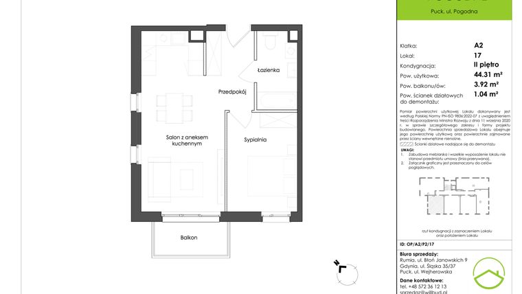 Rzut - Mieszkanie na sprzedaż 2 pokoje o powierzchni 44,31 m² - numer OP/A2/P2/17 w Osiedle Pogodne etap I
