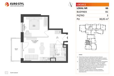 Rzut - Mieszkanie na sprzedaż 2 pokoje o powierzchni 38,05 m² - numer 66 w Locus 2