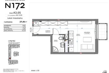 Rzut - Mieszkanie na sprzedaż 1 pokój o powierzchni 27,61 m² - numer A3.05 w Naramowicka 172