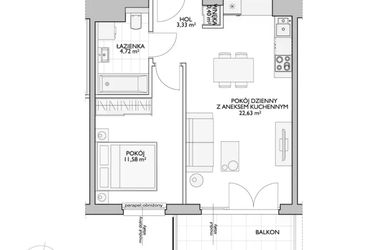 Rzut - Mieszkanie na sprzedaż 2 pokoje o powierzchni 44,01 m² - numer WO/P33/11 w Wiszące Ogrody