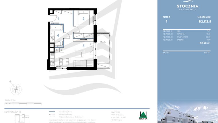Rzut - Mieszkanie na sprzedaż 2 pokoje o powierzchni 43,25 m² - numer B2.K2.5 w Stocznia Residence