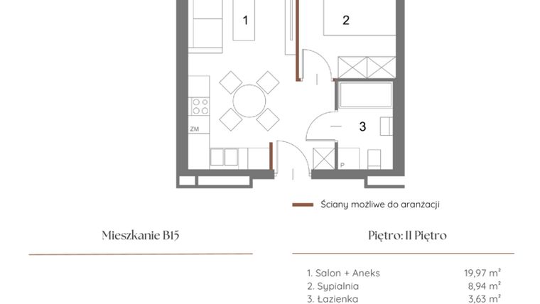 Rzut - Mieszkanie na sprzedaż 1 pokój o powierzchni 33,1 m² - numer B15 w Dąbrowskiego 9
