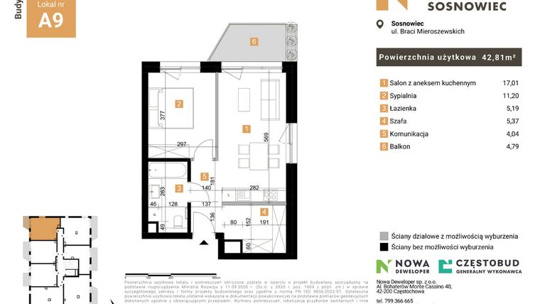 Rzut - Mieszkanie na sprzedaż 2 pokoje o powierzchni 42,81 m² - numer 9 w Nowy Sosnowiec