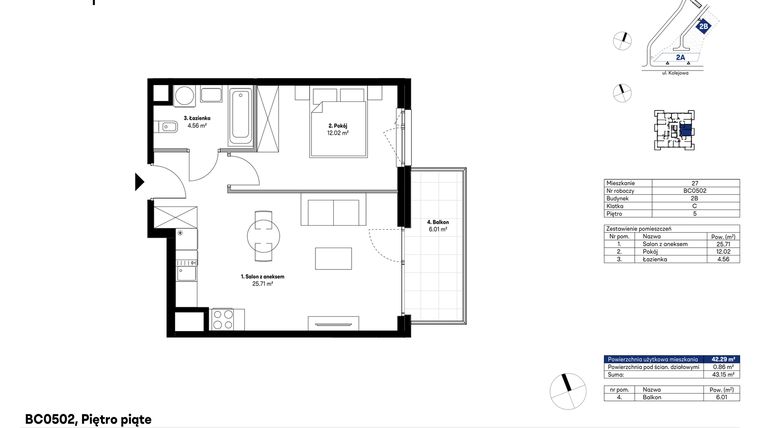 Rzut - Mieszkanie na sprzedaż 2 pokoje o powierzchni 42,29 m² - numer BC0502 w NU2 Warszawa Wola