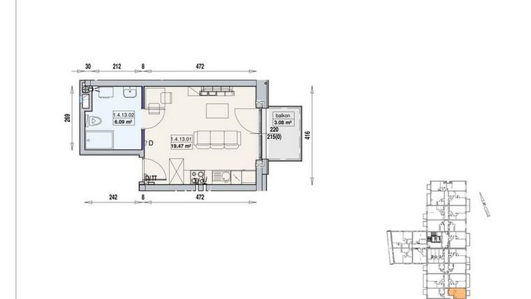 Rzut - Mieszkanie na sprzedaż 1 pokój o powierzchni 25,56 m² - numer 1/4/13/1a w Gwarna