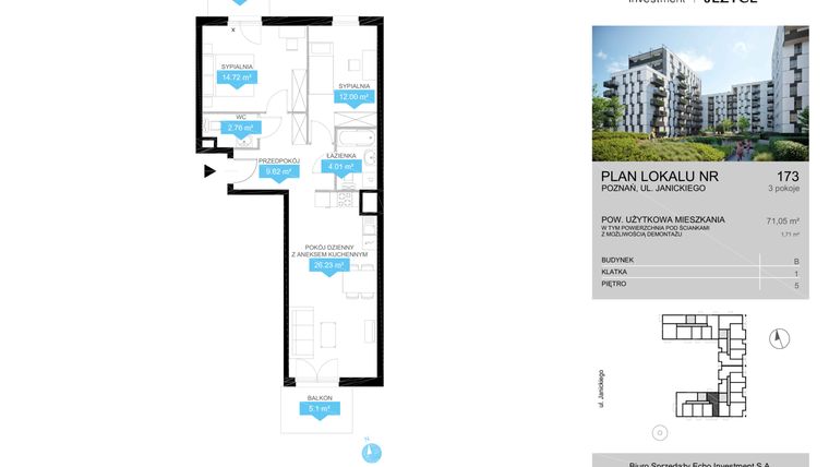 Rzut - Mieszkanie na sprzedaż 3 pokoje o powierzchni 71,05 m² - numer 173 w Wieża Jeżyce