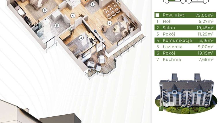 Rzut - Mieszkanie na sprzedaż 3 pokoje o powierzchni 76,28 m² - numer 19A.M1 w Osiedle Leśny Zakątek