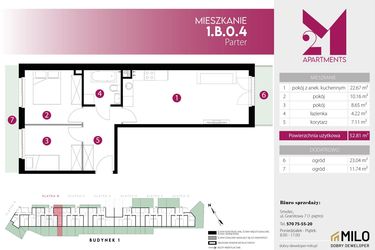 Rzut - Mieszkanie na sprzedaż 3 pokoje o powierzchni 52,81 m² - numer 1.B.0.4 w 2M Apartments etap IV